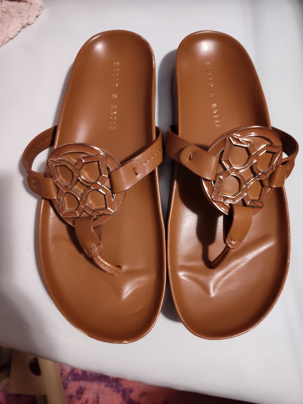 Kelly & Katie Sirine T-Strap Medallion Comfort Sandals in Cognac Brown ✨